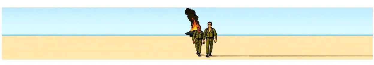 A cartoon homage to the 1996 blockbuster movie, Independence Day: actors, Will Smith and Jeff Goldblum, walk away from their burning alien ship after successfully destroying the alien mothership through a trusted software update vulnerability.